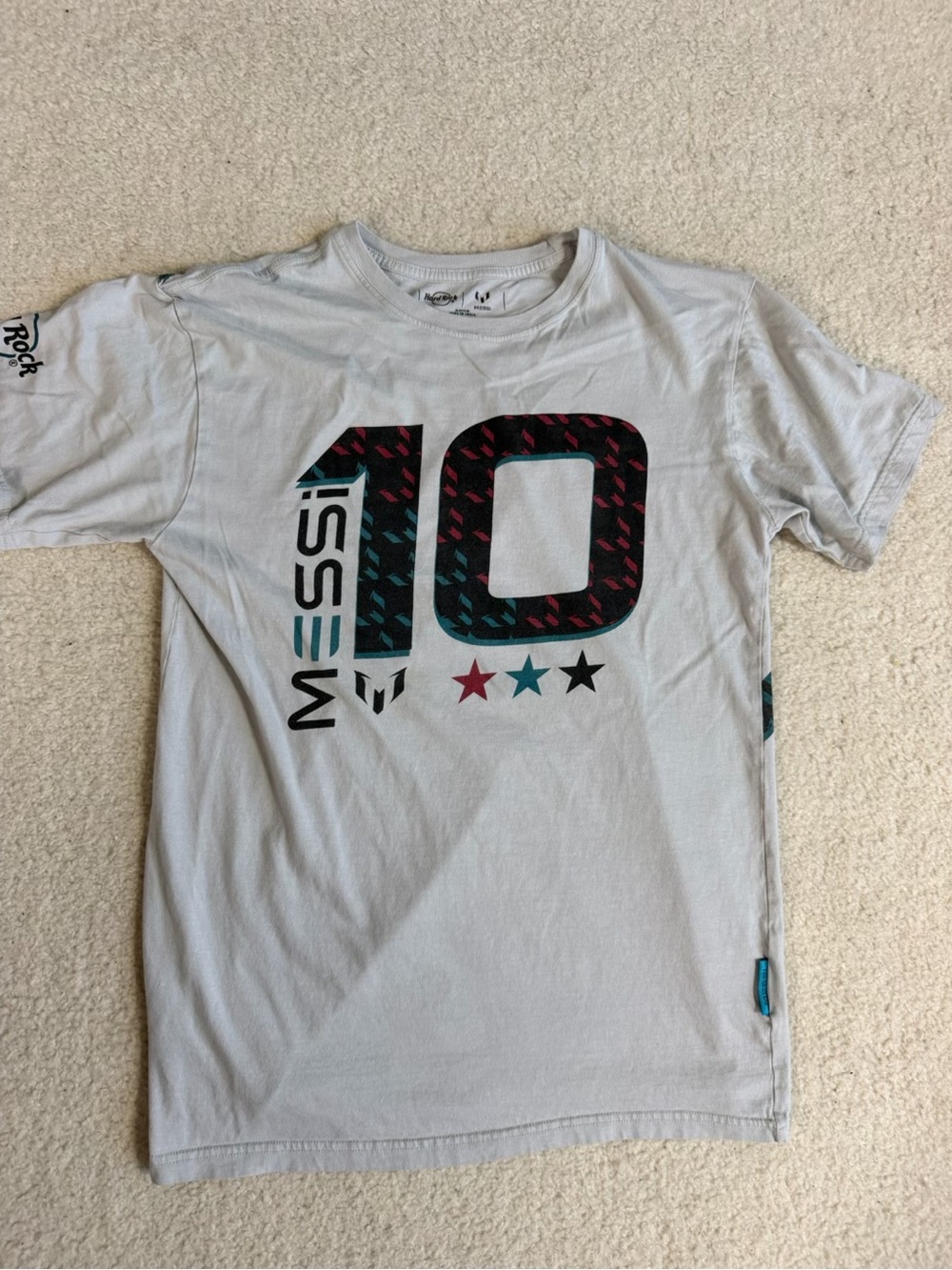 Lionel Messi #10 Tee T Shirt Light Gray Teal & Pink Accents Hard Rock Cafe M
